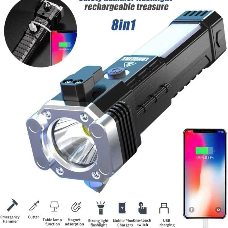 8-in-1 Multi-functional LED Torch, Emergency Window Breaker with Power Bank